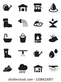 Set of vector isolated black icon - watering can vector, bucket, boot, water drop, rain, well, pond, sea shipping, warehouse, bathroom, irrigation, heater, sprinkler