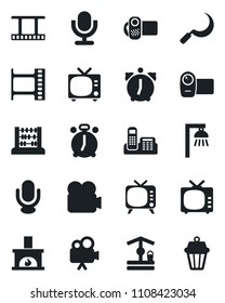 Set of vector isolated black icon - alarm clock vector, tv, abacus, well, sickle, film frame, video camera, microphone, office phone, fireplace, outdoor lamp