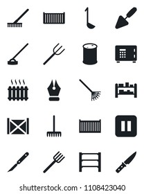 Set of vector isolated black icon - safe vector, trowel, farm fork, rake, hoe, scalpel, cargo container, oil barrel, rack, pause button, ink pen, heater, ladle, knife
