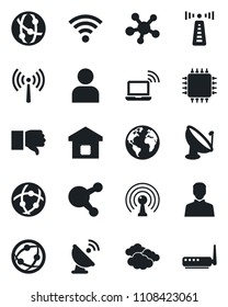 Set of vector isolated black icon - antenna vector, wireless notebook, clouds, earth, satellite, network, share, finger down, user, smart home, chip, router