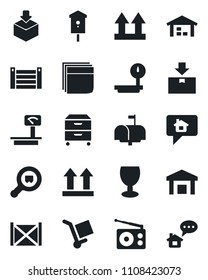 Set of vector isolated black icon - bird house vector, container, fragile, cargo, up side sign, warehouse, package, heavy scales, search, radio, blank box, archive, mailbox, home message