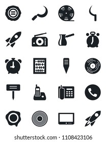 Set of vector isolated black icon - alarm clock vector, phone, abacus, stamp, sickle, plant label, reel, vinyl, radio, tv, office, turkish coffee, rocket