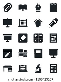 Set of vector isolated black icon - book vector, calculator, abacus, desk, notepad, presentation board, microscope, notes, copybook, paper clip, ink pen, pencil, shining head