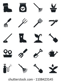 Set of vector isolated black icon - job vector, garden fork, shovel, farm, rake, seedling, watering can, sproute, pruner, boot, hoe, sprayer, fertilizer, flower in pot, irrigation