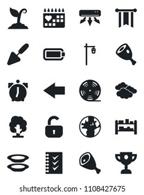 Set of vector isolated black icon - left arrow vector, clouds, trowel, tree, sproute, garden light, medical calendar, earth, rack, reel, alarm, battery, checklist, lock, air conditioner, plates, ham