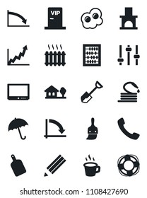 Set of vector isolated black icon - umbrella vector, abacus, crisis graph, shovel, hose, fireplace, tv, call, tuning, themes, coffee, pencil, house with tree, heater, vip zone, cutting board, growth
