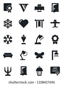 Set of vector isolated black icon - pennant vector, butterfly, heart, sertificate, desk lamp, cushioned furniture, restaurant table, candle, snowflake, outdoor, door, pennon, certificate