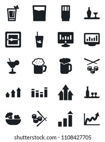 Set of vector isolated black icon - growth statistic vector, monitor, equalizer, scanner, statistics, alcohol, drink, cocktail, phyto bar, beer, salad, sushi, arrow up graph