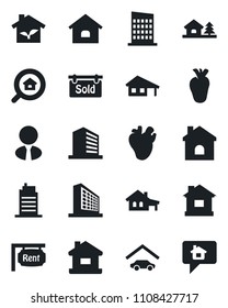 Set of vector isolated black icon - office building vector, house, real heart, with garage, tree, rent, sold signboard, estate search, agent, city, eco, home message