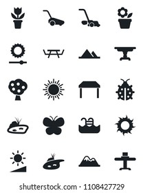 Set of vector isolated black icon - sun vector, flower in pot, lawn mower, butterfly, lady bug, picnic table, brightness, pond, pool, fruit tree, mountains, restaurant