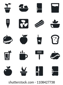 Set of vector isolated black icon - hot cup vector, seedling, plant label, diet, fridge, drink, phyto bar, salad, bacon, bread, apple fruit, fan