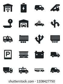 Set of vector isolated black icon - airport bus vector, parking, alarm car, ladder, ambulance, route, railroad, truck trailer, delivery, heavy scales, garage, gate control, battery