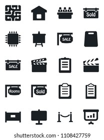 Set of vector isolated black icon - fence vector, presentation board, meeting, clipboard, clapboard, sale, rooms, sold signboard, smart home, cutting, chip