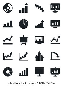 Set of vector isolated black icon - growth statistic vector, presentation board, crisis graph, monitor, circle chart, statistics, bar, pie, point, arrow up