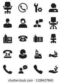 Set of vector isolated black icon - office chair vector, phone, 24 hours, support, speaker, radio, call, root setup, palm sproute
