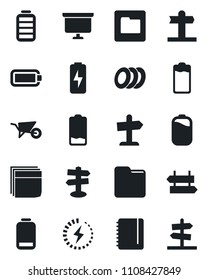 Set of vector isolated black icon - signpost vector, notepad, presentation board, wheelbarrow, battery, low, folder, charge, blank box, plates, guidepost