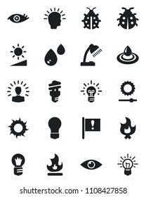 Set of vector isolated black icon - bulb vector, lady bug, fire, sun, eye, important flag, brightness, desk lamp, water, energy saving, shining head, idea