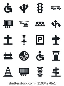 Set of vector isolated black icon - airport tower vector, plane radar, taxi, bus, parking, signpost, border cone, helicopter, disabled, route, traffic light, truck trailer, guidepost