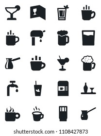 Set of vector isolated black icon - hot cup vector, coffee machine, water supply, alcohol, wine card, drink, cocktail, phyto bar, beer, turkish