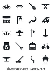 Set of vector isolated black icon - cafe vector, ladder car, rake, sickle, garden light, picnic table, fertilizer, bike, restaurant, alcove, outdoor lamp