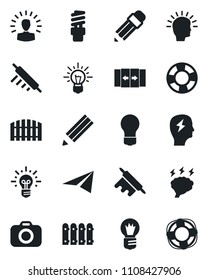 Set of vector isolated black icon - automatic door vector, brainstorm, bulb, camera, pencil, fence, rolling pin, energy saving, shining head, idea, paper plane, crisis management