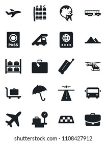 Set of vector isolated black icon - plane vector, runway, taxi, suitcase, baggage trolley, airport bus, umbrella, passport, ladder car, helicopter, seat map, luggage storage, scales, globe, case