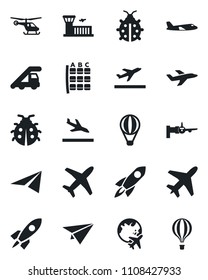 Set of vector isolated black icon - plane vector, departure, arrival, ladder car, boarding, helicopter, seat map, globe, airport building, lady bug, rocket, paper, air balloon