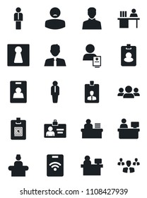 Set of vector isolated black icon - female vector, reception, manager, identity card, place, patient, user, desk, estate agent, pass, group
