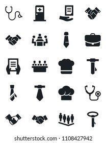 Set of vector isolated black icon - medical room vector, handshake, team, tie, document, stethoscope, meeting, cook hat, case