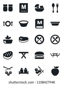 Set of vector isolated black icon - spoon and fork vector, picnic table, cafe, menu, salad, salt pepper, steak, hamburger, bowl, sushi, apple fruit