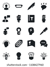 Set of vector isolated black icon - speaking man vector, pen, brainstorm, bulb, dialog, wine card, hot dog, energy saving, shining head, idea