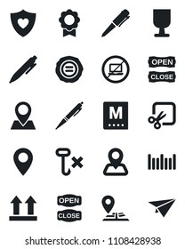 Set of vector isolated black icon - no laptop vector, pen, stamp, heart shield, navigation, pin, fragile, up side sign, hook, barcode, cut, sertificate, menu, open close, paper plane