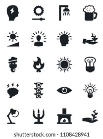 Set of vector isolated black icon - sun vector, brainstorm, fire, eye, traffic light, brightness, desk lamp, fireplace, beer, candle, bulb, energy saving, outdoor, palm sproute, shining head, idea