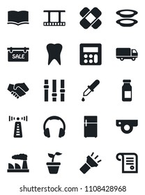 Set of vector isolated black icon - antenna vector, book, factory, seedling, dropper, ampoule, patch, tooth, car delivery, film frame, settings, headphones, calculator, torch, sale, plates, fridge