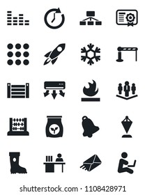 Set of vector isolated black icon - barrier vector, pennant, abacus, boot, fertilizer, container, flammable, equalizer, menu, bell, manager desk, company, snowflake, air conditioner, rocket, clock