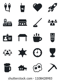 Set of vector isolated black icon - identity card vector, team, coffee, hoe, heart, clock, fragile, remote control, rca, hr, office phone, house with garage, table, phyto bar, beer, cafe building