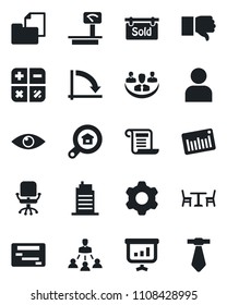 Set of vector isolated black icon - cafe vector, office chair, calculator, crisis graph, eye, folder document, heavy scales, barcode, finger down, settings, user, company, hierarchy, sold signboard