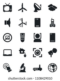 Set of vector isolated black icon - no laptop vector, clouds, microscope, office phone, satellite antenna, microphone, speaker, remote control, touch screen, back, face id, notebook pc, windmill, tv