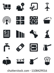 Set of vector isolated black icon - plane radar vector, luggage scales, checkroom, pedestal, seedling, patch, broken bone, receipt, cargo, sorting, antenna, scanner, cut, water supply, mailbox, chip