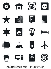Set of vector isolated black icon - bed vector, warehouse, office building, estate insurance, chip, socket, remote control, pc, washer, warm floor, bulb, outdoor lamp, eye scan, police, door