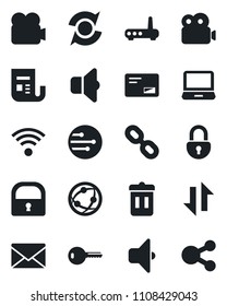 Set of vector isolated black icon - mail vector, news, video camera, network, laptop pc, chain, data exchange, lock, update, key, wireless, router, sound, trash bin, social media