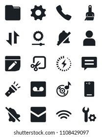 Set of vector isolated black icon - phone back vector, call, message, settings, themes, user, mail, record, folder, notes, data exchange, wireless, torch, mute, brightness, cut, music, charge