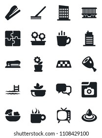Set of vector isolated black icon - taxi vector, rake, railroad, tv, dialog, photo gallery, application, stapler, pool, flower in pot, city house, coffee, salad, ham, water