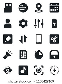 Set of vector isolated black icon - mobile vector, settings, tuning, user, stopwatch, sd, sim, network, calendar, notes, data exchange, torch, cut, place tag, lock, eye id, music, charge