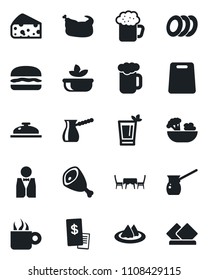 Set of vector isolated black icon - waiter vector, serviette, reception, phyto bar, coffee, beer, salad, plates, cafe table, restaurant receipt, chicken, ham, hamburger, cutting board, turkish