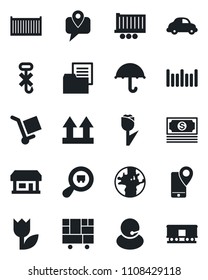 Set of vector isolated black icon - earth vector, store, cash, support, mobile tracking, truck trailer, cargo container, car delivery, consolidated, folder document, umbrella, up side sign, no hook