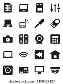Set of vector isolated black icon - credit card vector, wireless notebook, camera, calculator, pen, pc, monitor, laptop, rewind, mobile, tuning, sd, sim, smart home, web, usb flash, surveillance