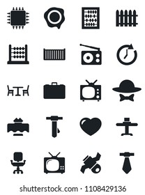 Set of vector isolated black icon - cafe vector, case, abacus, tie, stamp, fence, satellite, cargo container, radio, heart, office chair, tv, restaurant table, dress code, chip, clock