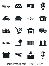 Set of vector isolated black icon - taxi vector, airport bus, waiting area, plane, helicopter, ambulance car, cargo container, delivery, up side sign, no trolley, warehouse, package, heavy scales