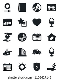 Set of vector isolated black icon - radar vector, office building, circle chart, sun, heart, hand, term, favorites list, protect, brightness, calendar, copybook, pond, smart home, egg stand, car